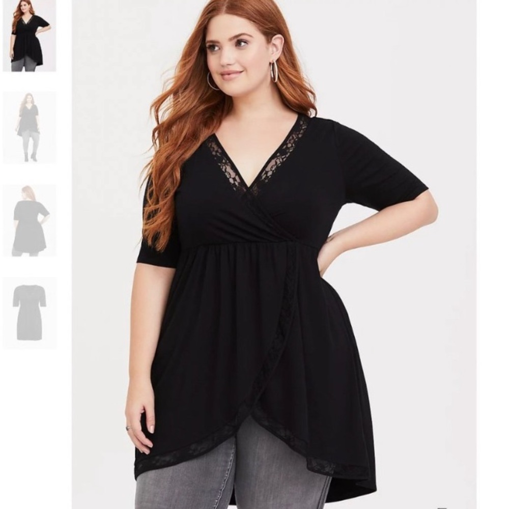 Torrid Black Surplice Tunic With Lace Trim